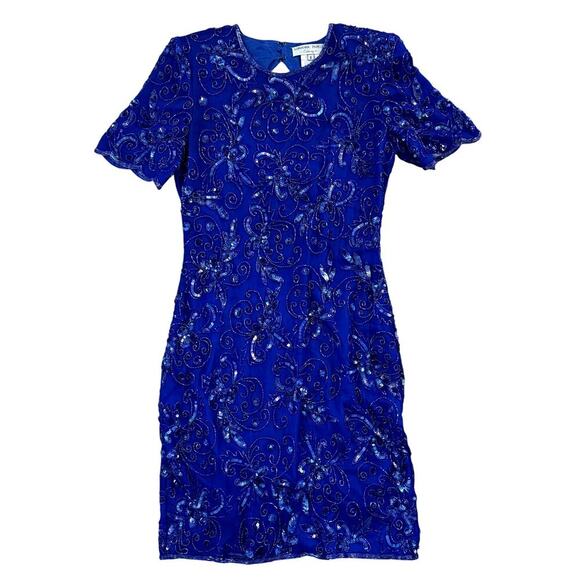 Vintage Dresses & Skirts - VTG ADRIANNA PAPELL DRESS 14 SILK BEADED BLUE FLORAL SEQUIN COCKTAIL RETRO SZ 6